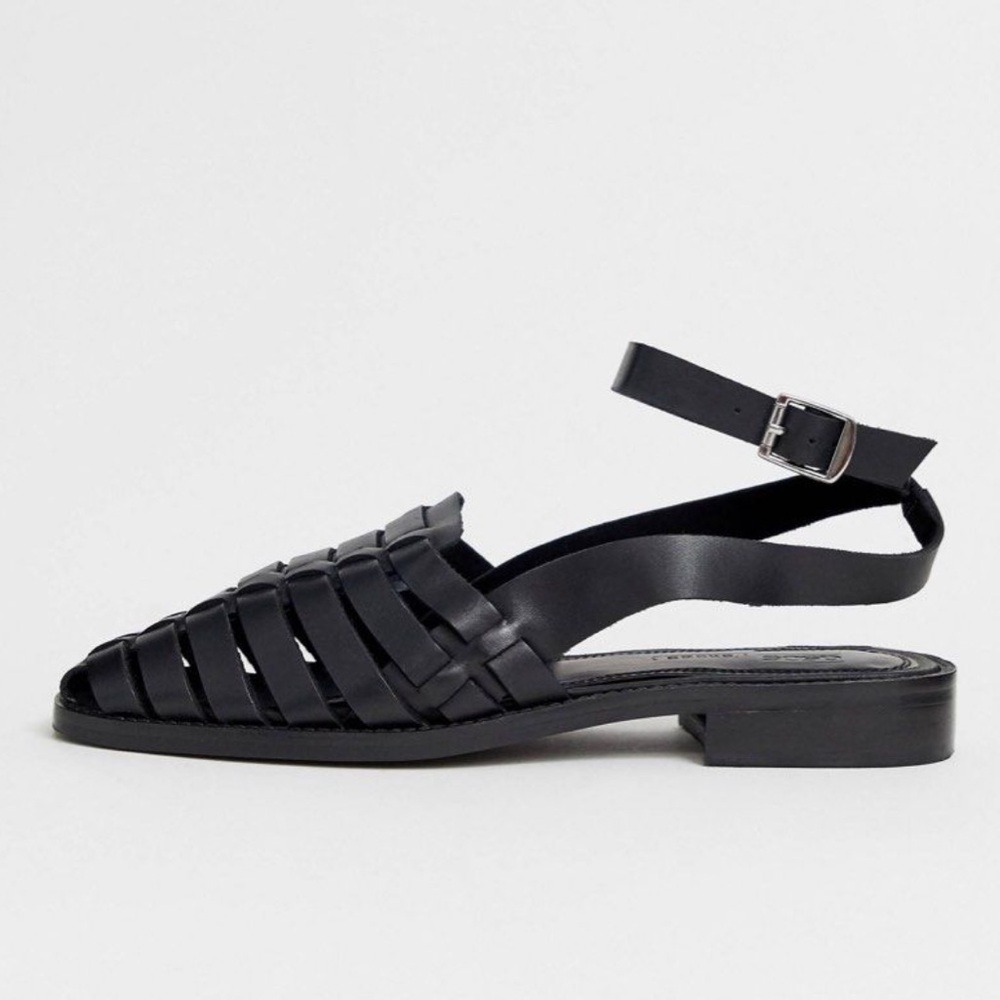 asos mady leather woven flat sandal shoes in black size 9